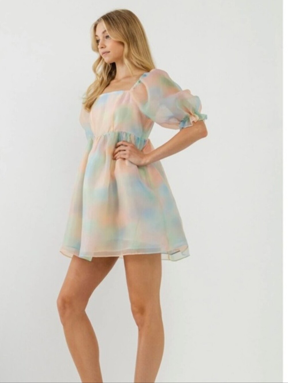 Endless Rose Women's Multi Color Organza Mini Dress Puff Sleeves Sz S Milkmaid - Picture 3 of 13